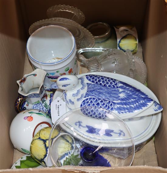 Miscellaneous ceramics and glassware, including a blue and white duck tureen,